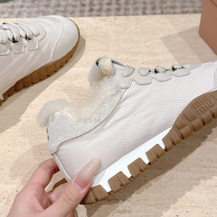 MIUMIU 25S SNEAKERS IN IVORY TYRE TECHNICAL FABRIC AND SUEDE SHEARLING