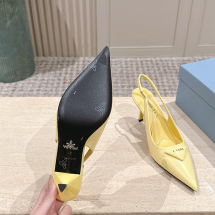 PRADA 26S POINTED-TOE SLINGBACK HEELS 75MM IN PASTEL YELLOW SHINY CALFSKIN