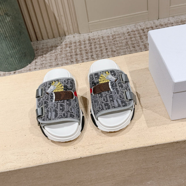 DIOR 26S DOUBLE STRAP SLIDE SANDALS IN GREY MONOGRAM CANVAS