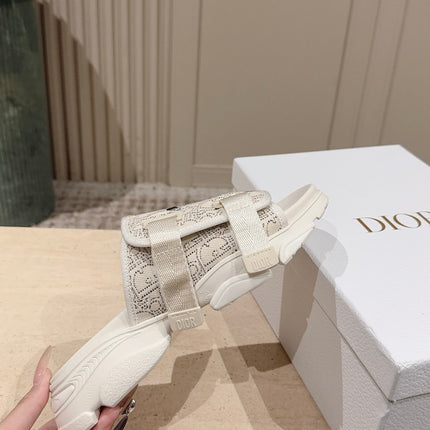 DIOR 26S DOUBLE STRAP SLIDE SANDALS IN WHITE LACE MONOGRAM CANVAS