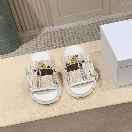 DIOR 26S DOUBLE STRAP SLIDE SANDALS IN BEIGE MONOGRAM CANVAS
