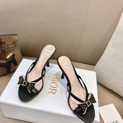 DIOR 26S KITTEN HEEL SANDALS 85MM IN BLACK CALFSKIN BOW STUDDED