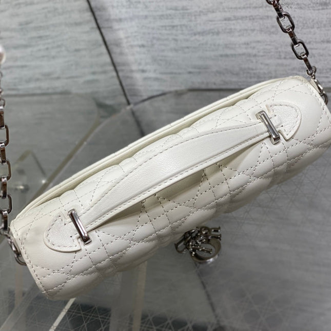 DIOR 25S DIOR TALK PHONE POUCH 21 IN WHITE CANNAGE LAMBSKIN SILVER HARDWARE