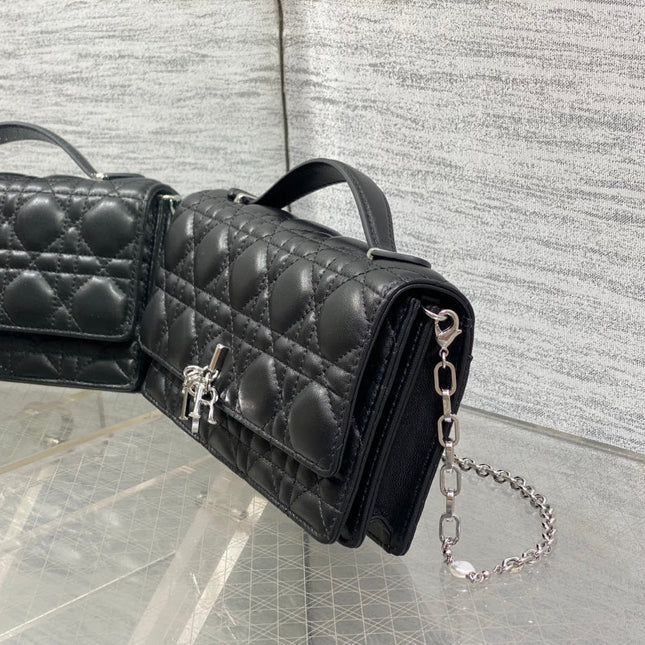 DIOR 25S DIOR TALK PHONE POUCH 21 IN BLACK CANNAGE LAMBSKIN SILVER HARDWARE