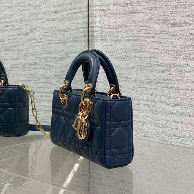 DIOR 25S SMALL LADY D‑JOY BAG 19 IN DARK BLUE CANNAGE CALFSKIN GOLD HARDWARE