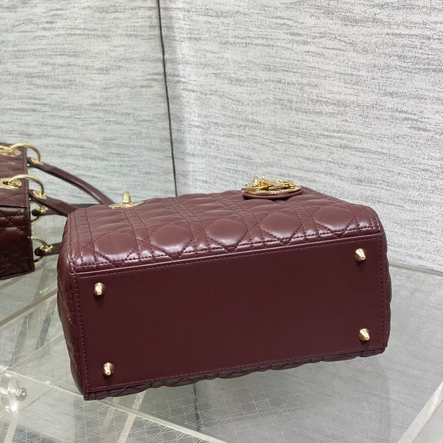 DIOR 25S MEDIUM LADY BAG 24 IN BURGUNDY CALFSKIN GOLD HARDWARE