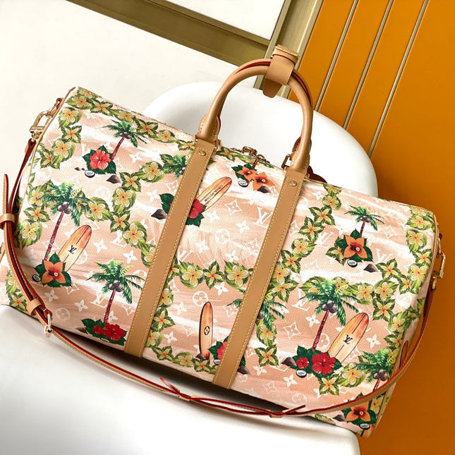 KEEPALL BANDOULIÈRE 50 IN SAND TROPICAL MOTIFS MONOGRAM SURFIN CANVAS