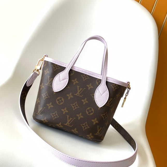 LV 25S NEVERFULL BANDOULIÈRE INSIDE OUT BB 31 IN LIGHT PURPLE AND BROWN CALFSKIN