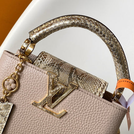 LV 26S CAPUCINES BAG 21 IN GRAYISH BEIGE TAURILLON CALFSKIN WITH GOLD HARDWARE