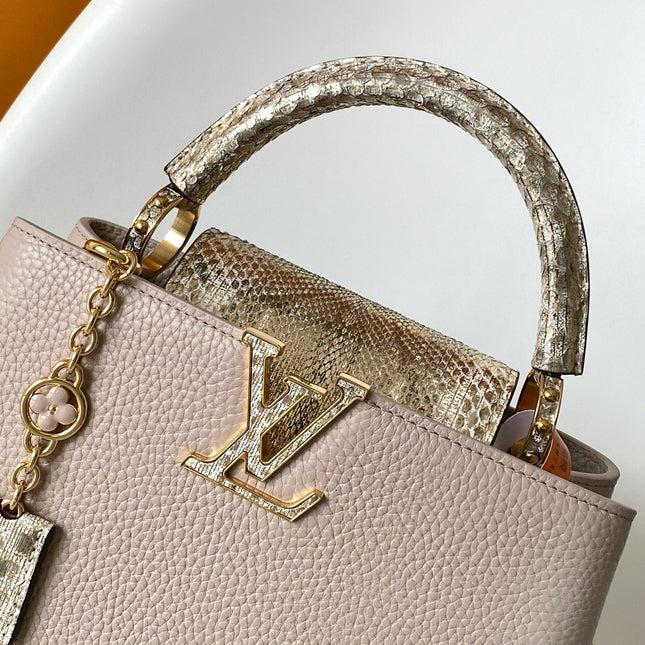 LV 26S CAPUCINES BAG 27 IN GRAYISH BEIGE TAURILLON CALFSKIN WITH GOLD HARDWARE