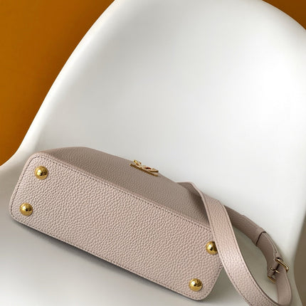 LV 26S CAPUCINES BAG 27 IN GRAYISH BEIGE TAURILLON CALFSKIN WITH GOLD HARDWARE