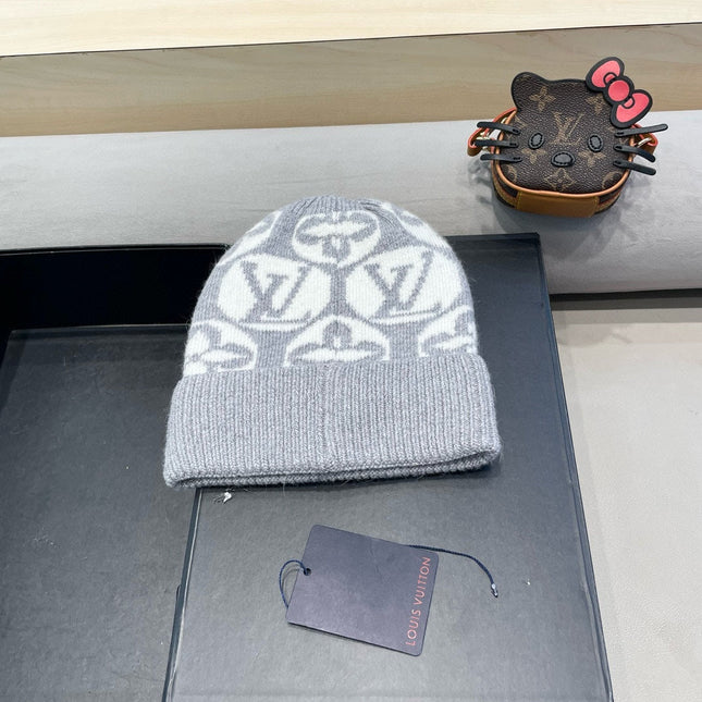 KNITTED BEANIE HAT IN LIGHT GRAY MIX WHITE WOOL AND RABBIT FUR 426242