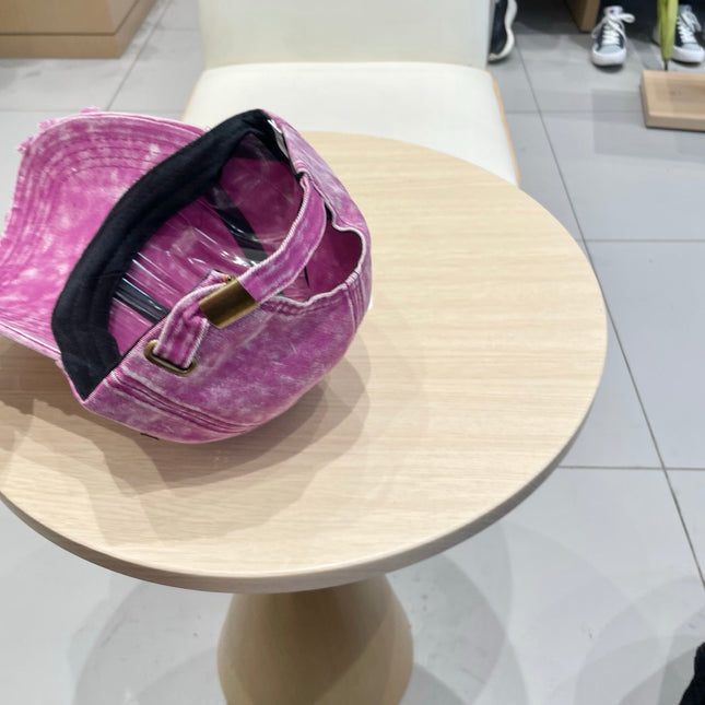 MIUMIU DISTRESSED FABRIC BASEBALL CAP IN PINK WITH EMBROIDERED LOGO