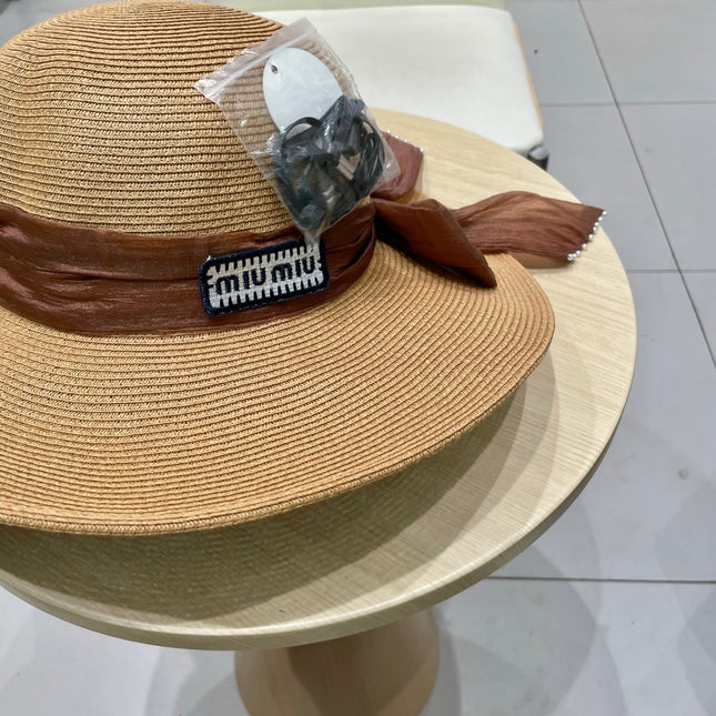 MIUMIU WIDE-BRIM BEACH HAT IN BEIGE WITH FABRIC BOW