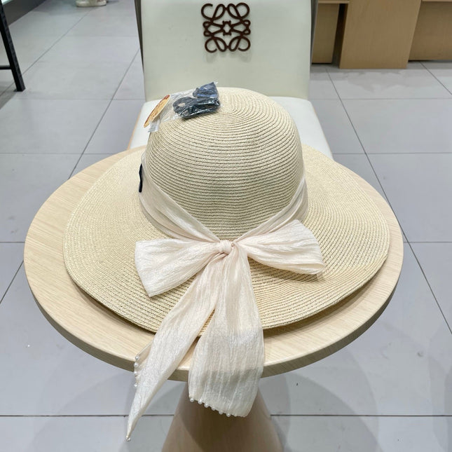 MIUMIU WIDE-BRIM BEACH HAT IN LIGHT BEIGE WITH FABRIC BOW