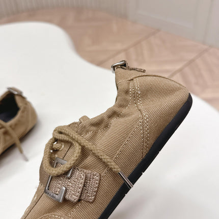 PRADA 26S LACE UP MINIMAL SNEAKERS IN BROWN CANVAS