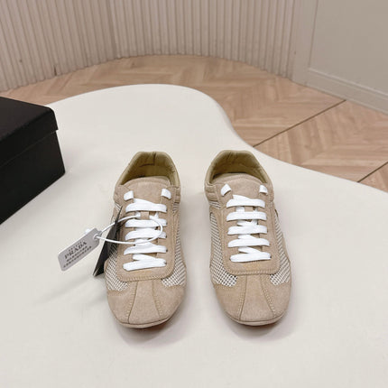 PRADA 26S CLASSIC SNEAKERS IN BEIGE SUEDE AND MESH