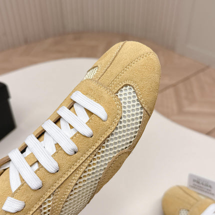 PRADA 26S CLASSIC SNEAKERS IN YELLOW SAND SUEDE AND MESH