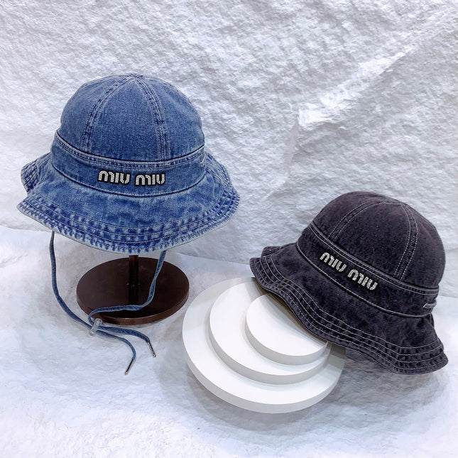 MIUMIU NEW DENIM BUCKET HAT RHINESTONE LOGO