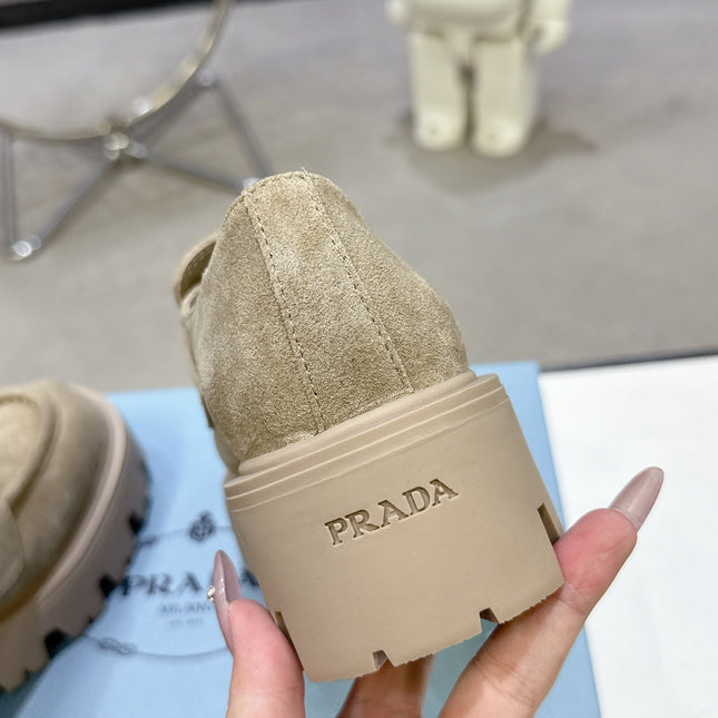 PRADA 25S THICK-SOLE LOAFERS 60 MM IN BEIGE SUEDE WITH GOLD HARDWARE