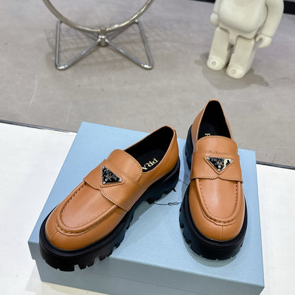 PRADA 25S THICK-SOLE LOAFERS 60 MM IN COGNAC BROWN CALFSKIN