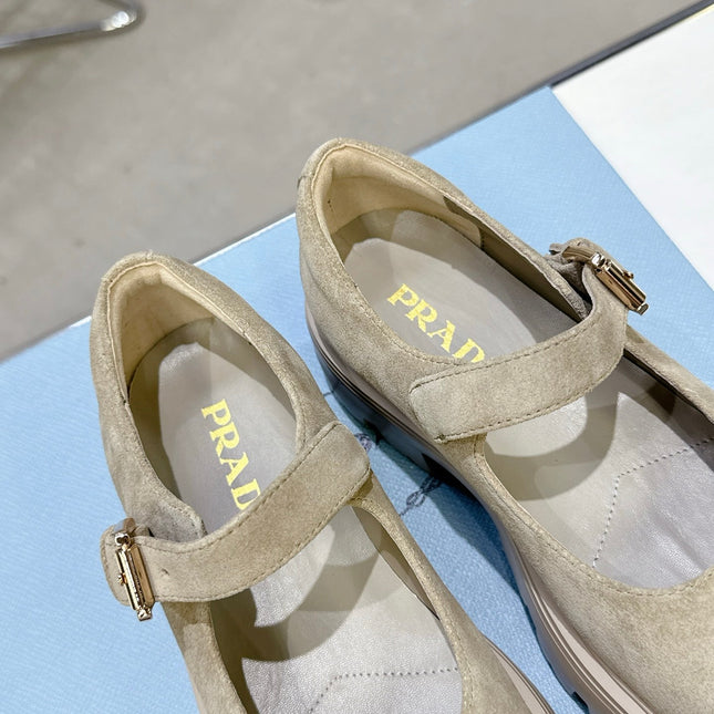 PRADA 25S PLATFORM MARY JANE SHOES IN BEIGE SUEDE STYLE 4