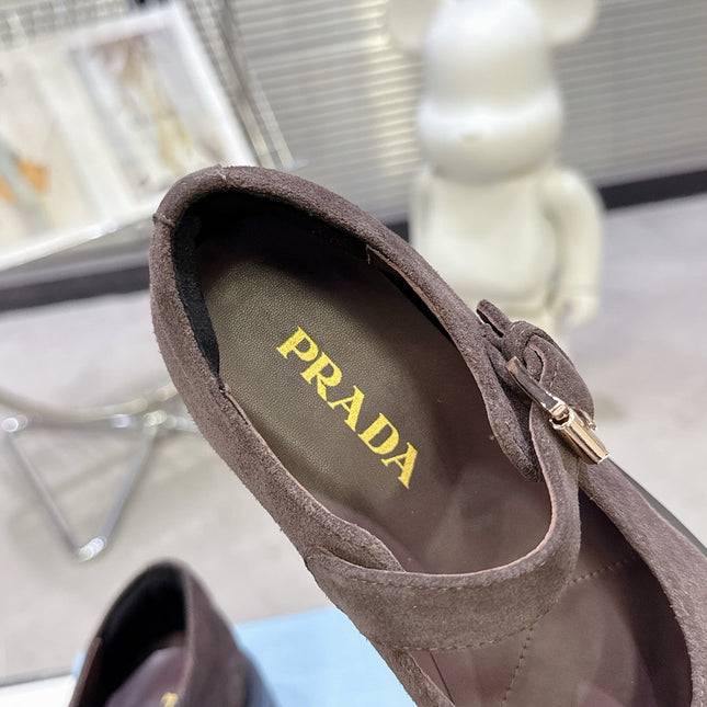 PRADA 25S PLATFORM MARY JANE SHOES IN DARK BROWN SUEDE STYLE 3