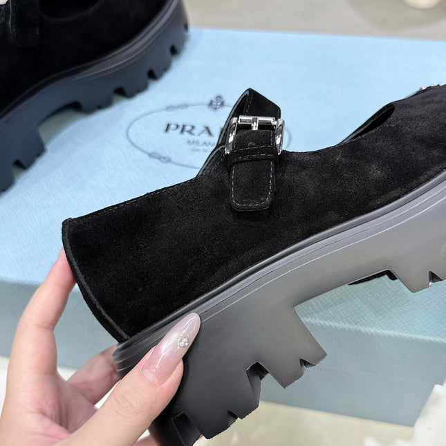 PRADA 25S PLATFORM MARY JANE SHOES IN BLACK SUEDE STYLE 2