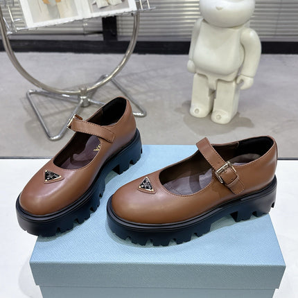 PRADA 25S PLATFORM MARY JANE SHOES IN BROWN CALFSKIN STYLE 1