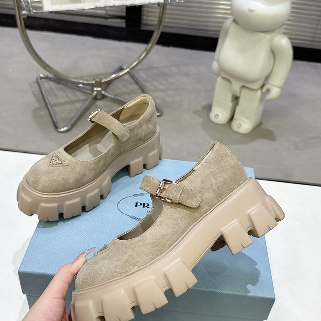 PRADA 25S PLATFORM MARY JANE SHOES IN BEIGE SUEDE