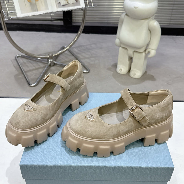 PRADA 25S PLATFORM MARY JANE SHOES IN BEIGE SUEDE