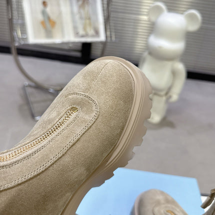 PRADA 25S ZIP-UP ANKLE BOOTS IN BEIGE SUEDE