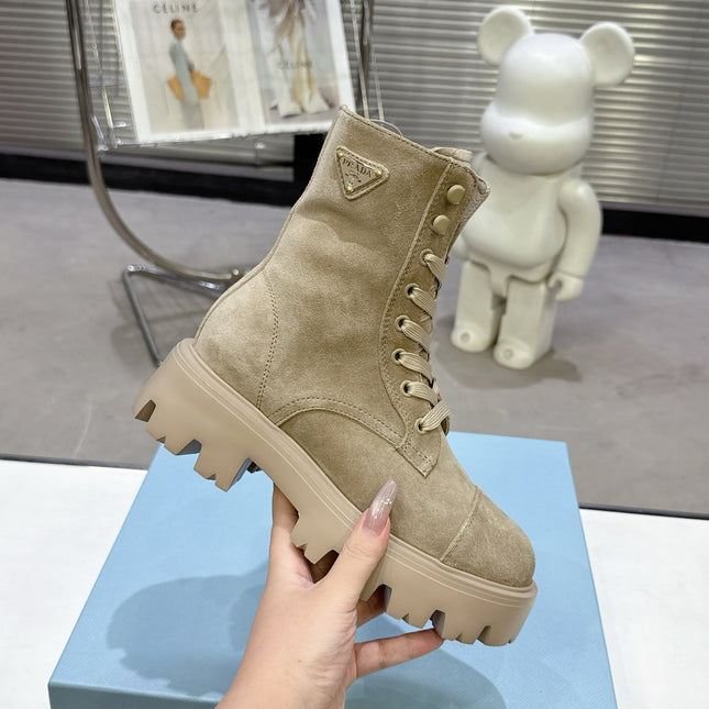 PRADA 25S WARRIOR BOOTS IN BEIGE SUEDE