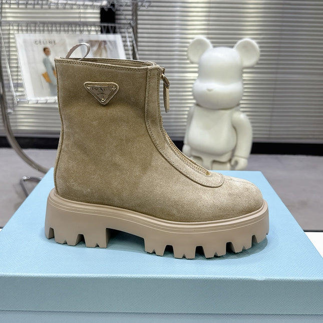 PRADA 25S ZIP-UP ANKLE BOOTS IN BEIGE SUEDE