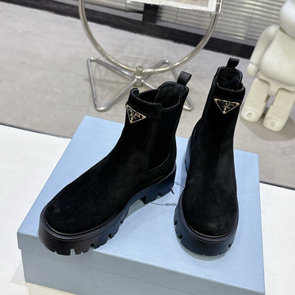PRADA 25S RETRO PLATFORM MARTIN ANKLE BOOTS IN BLACK SUEDE