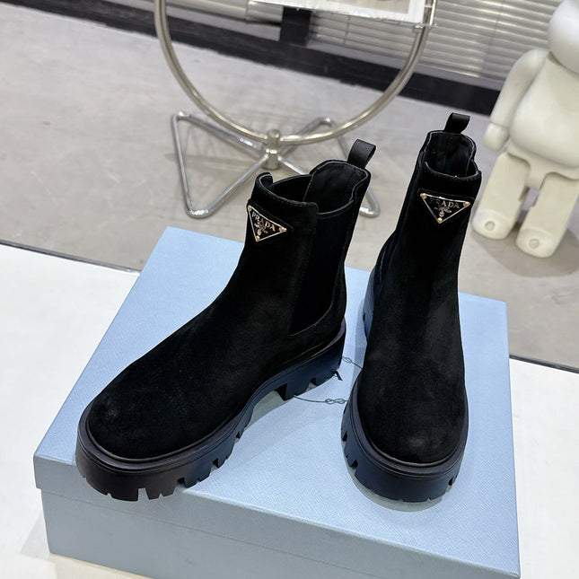 PRADA 25S RETRO PLATFORM MARTIN ANKLE BOOTS IN BLACK SUEDE