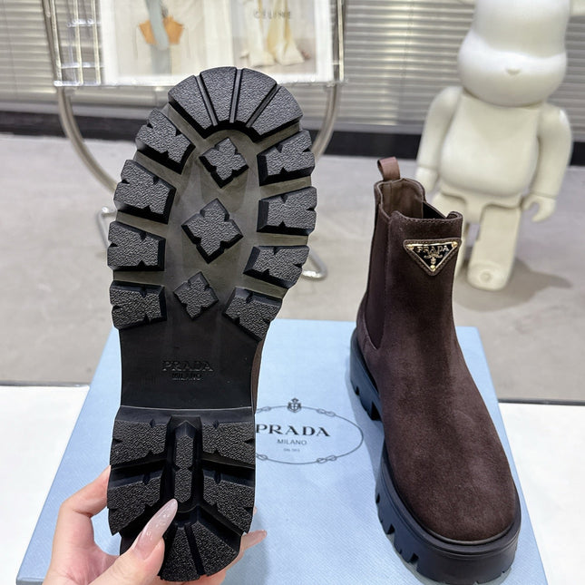 PRADA 25S RETRO PLATFORM MARTIN ANKLE BOOTS IN DARK BROWN SUEDE