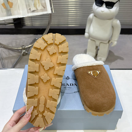 PRADA 25S FUR-LINED MULES IN BROWN SUEDE