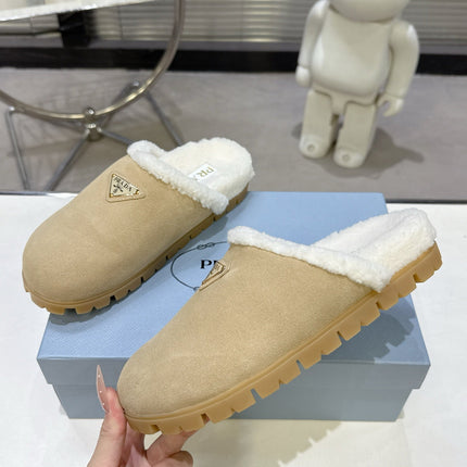 PRADA 25S FUR-LINED MULES IN BEIGE SUEDE
