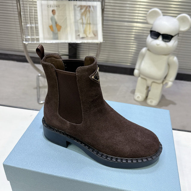 PRADA 25S RETRO PLATFORM MARTIN BOOTS IN DARK BROWN SUEDE