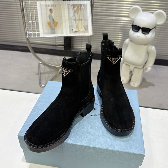 PRADA 25S RETRO PLATFORM MARTIN BOOTS IN BLACK SUEDE