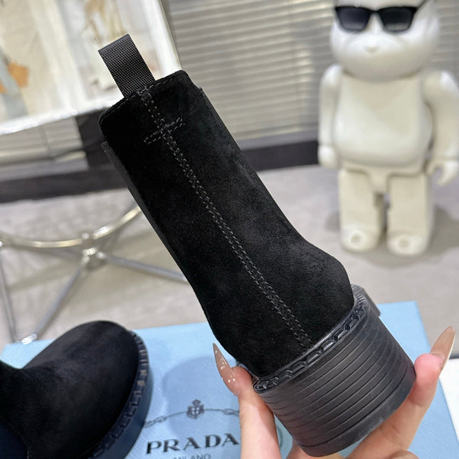 PRADA 25S RETRO PLATFORM MARTIN BOOTS IN BLACK SUEDE
