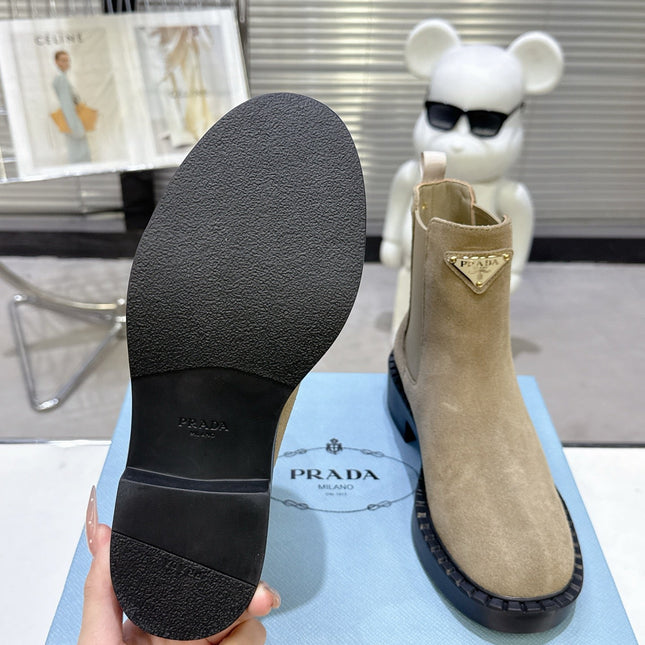 PRADA 25S RETRO PLATFORM MARTIN BOOTS IN BEIGE SUEDE