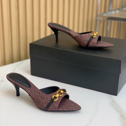 SL CHAIN ATTACH HEELED MULES BROWN DENIM