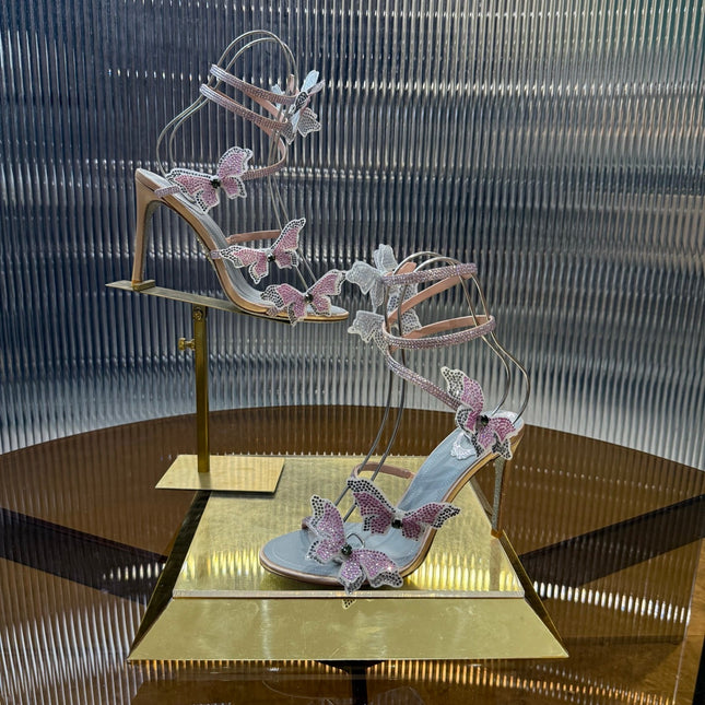 RENE CAOVILLA 26S FLORIANE HIGH HEELS 95 MM IN NUDE PINK LAMBSKIN BUTTERFLY EMBELLISHED STRAP