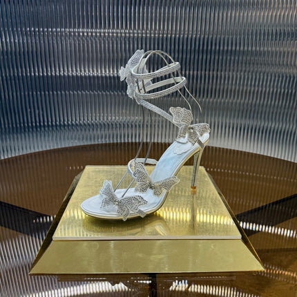 RENE CAOVILLA 26S FLORIANE HIGH HEELS 95 MM IN WHITE LAMBSKIN BUTTERFLY EMBELLISHED STRAP