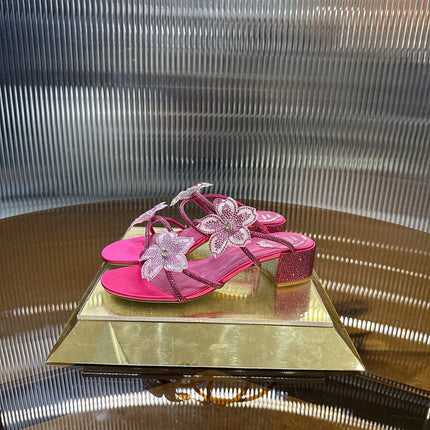 RENE CAOVILLA 26S FLOWER EMBELLISHED HEELS 45 MM IN PINK LAMBSKIN