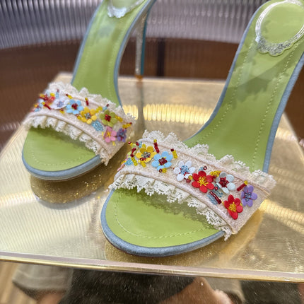 RENE CAOVILLA 26S CLEO HIGH HEELS SANDALS 95 MM IN MUTICOLOR LACE STRAP FLOWER EMBELLISHED
