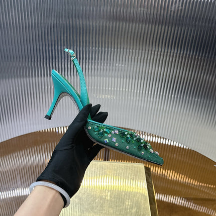 RENE CAOVILLA 26S SLINGBACK HIGH HEELS 75 MM IN GREEN CRYSTAL EMBELLISHED