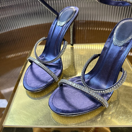 RENE CAOVILLA 26S STILETTO SANDALS 95 MM IN NAVY BLUE LAMBSKIN